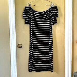 Juicy Couture off shoulders striped black & white ribbed short sleeve midi dress